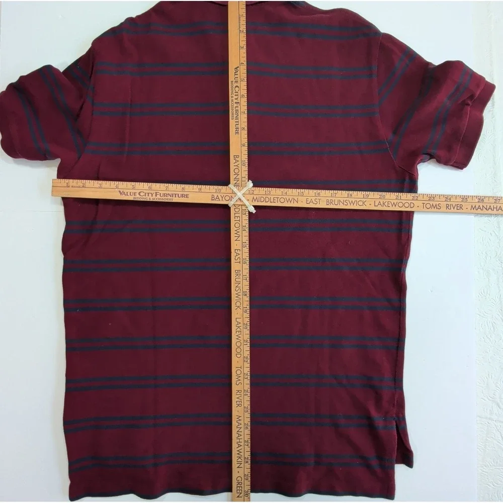 Ralph Lauren Polo Shirt Mens Large Maroon Navy Striped Cotton Preppy Campus L
